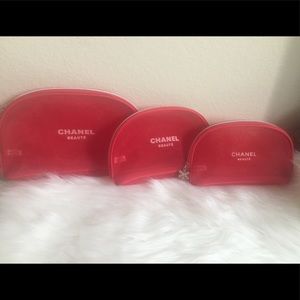 Set of 3 Chanel red mesh makeup bag